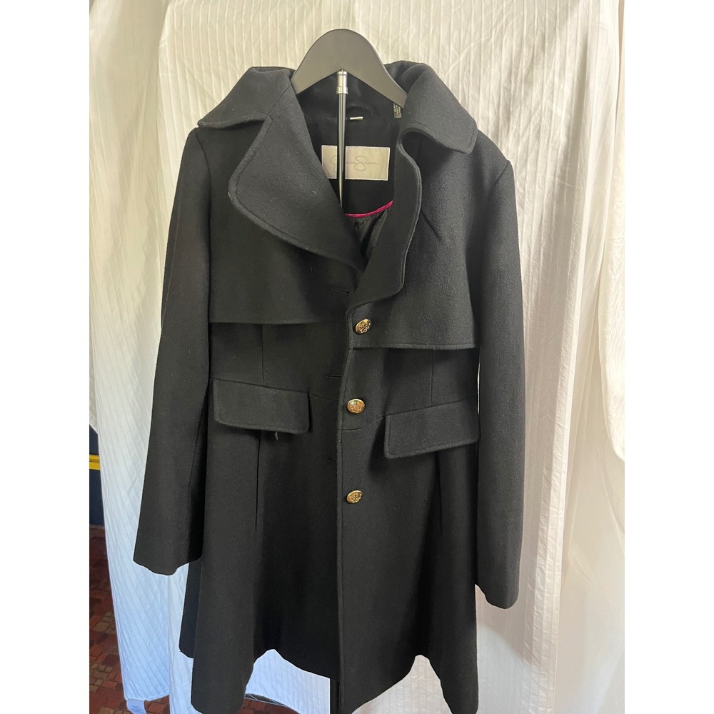 Jessica Simpson Womens Black Wool Blend Trench Coat Gold Buttons Size M
